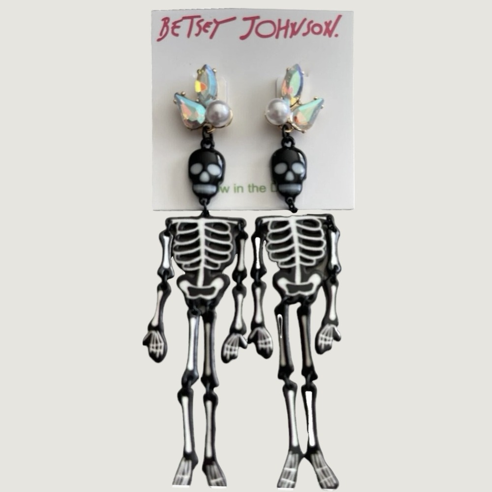 Betsey Johnson Glow in the Dark Skeleton Dangle Earrings Halloween Statement